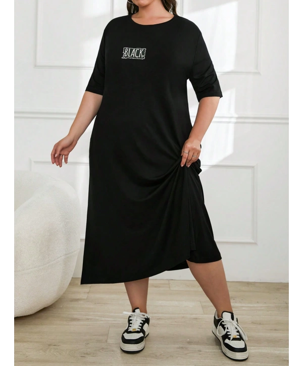 Kadın Büyük Beden Kısa Kollu Baskılı Cepli Viskon Elbise