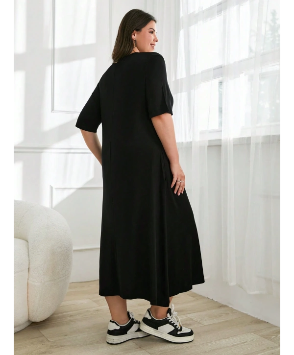 Kadın Büyük Beden Kısa Kollu Baskılı Cepli Viskon Elbise