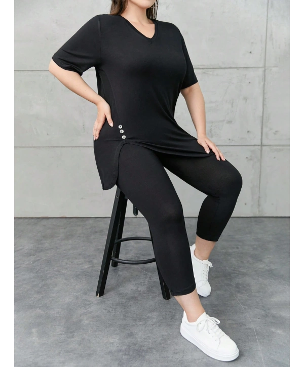 Kadın Büyük Beden Kısa Kollu Düğme Detaylı V Yaka Viskon Takım