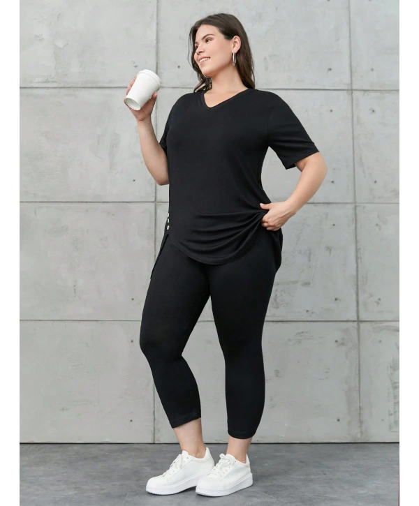 Kadın Büyük Beden Kısa Kollu Düğme Detaylı V Yaka Viskon Takım