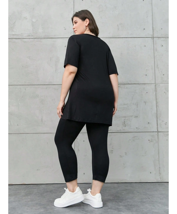 Kadın Büyük Beden Kısa Kollu Düğme Detaylı V Yaka Viskon Takım