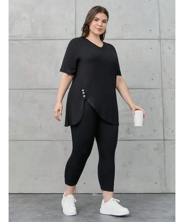Kadın Büyük Beden Kısa Kollu Düğme Detaylı V Yaka Viskon Takım