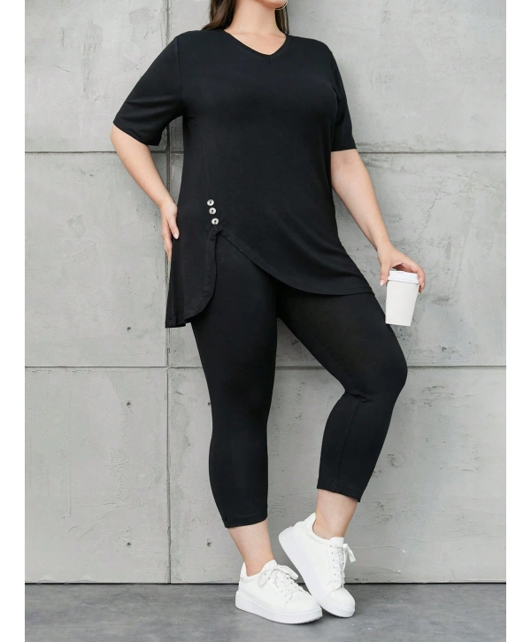 Kadın Büyük Beden Kısa Kollu Düğme Detaylı V Yaka Viskon Takım