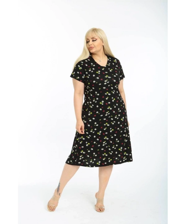 Kadın Büyük Beden Kısa Kollu Midi Boy Desenli Elbise