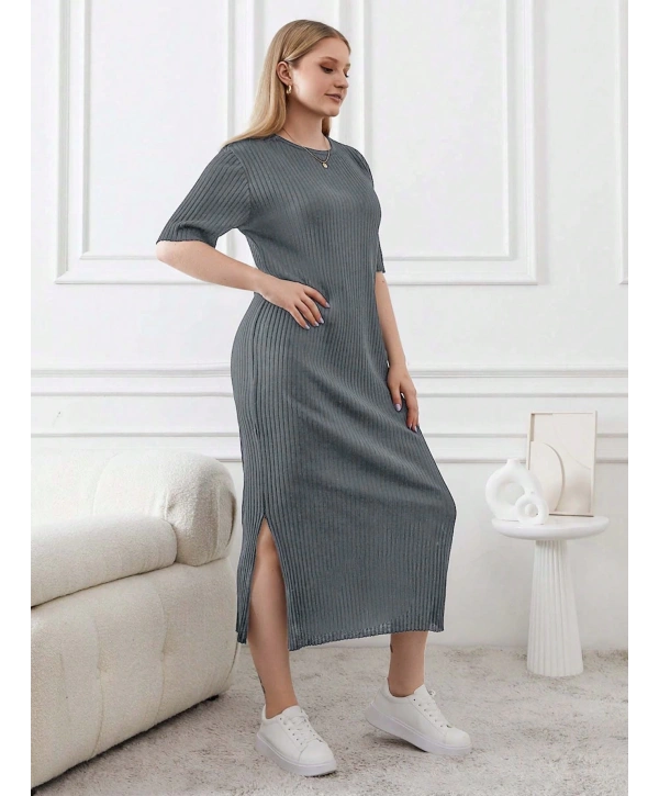 Kadın Büyük Beden Kısa Kollu Yırtmaç Detaylı Kaşkorse Elbise