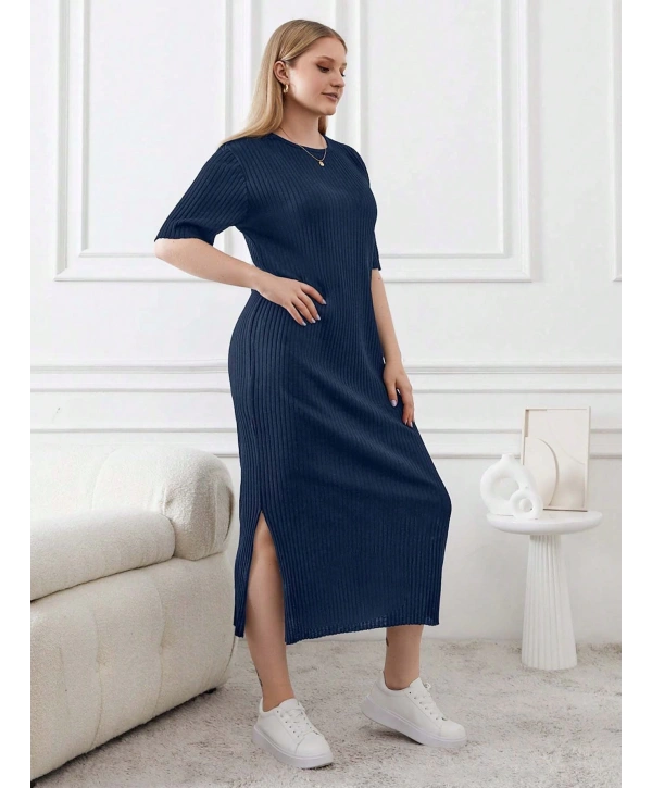 Kadın Büyük Beden Kısa Kollu Yırtmaç Detaylı Kaşkorse Elbise