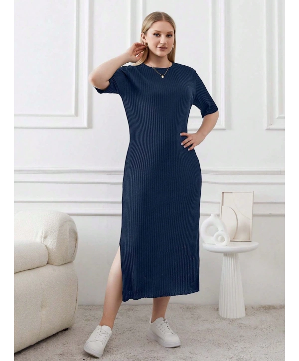 Kadın Büyük Beden Kısa Kollu Yırtmaç Detaylı Kaşkorse Elbise