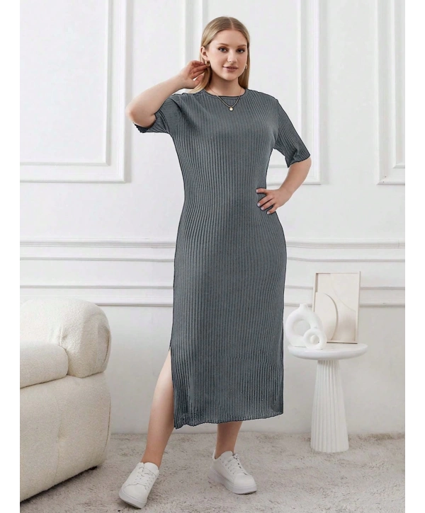 Kadın Büyük Beden Kısa Kollu Yırtmaç Detaylı Kaşkorse Elbise