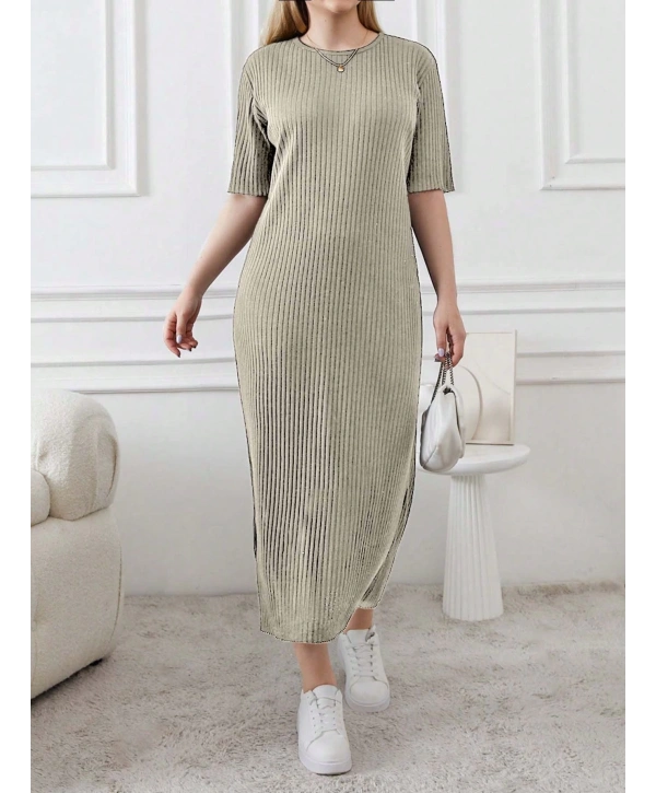 Kadın Büyük Beden Kısa Kollu Yırtmaç Detaylı Kaşkorse Elbise