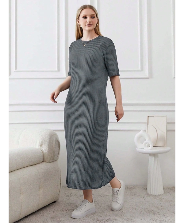 Kadın Büyük Beden Kısa Kollu Yırtmaç Detaylı Kaşkorse Elbise