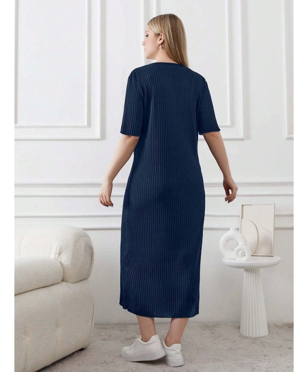 Kadın Büyük Beden Kısa Kollu Yırtmaç Detaylı Kaşkorse Elbise