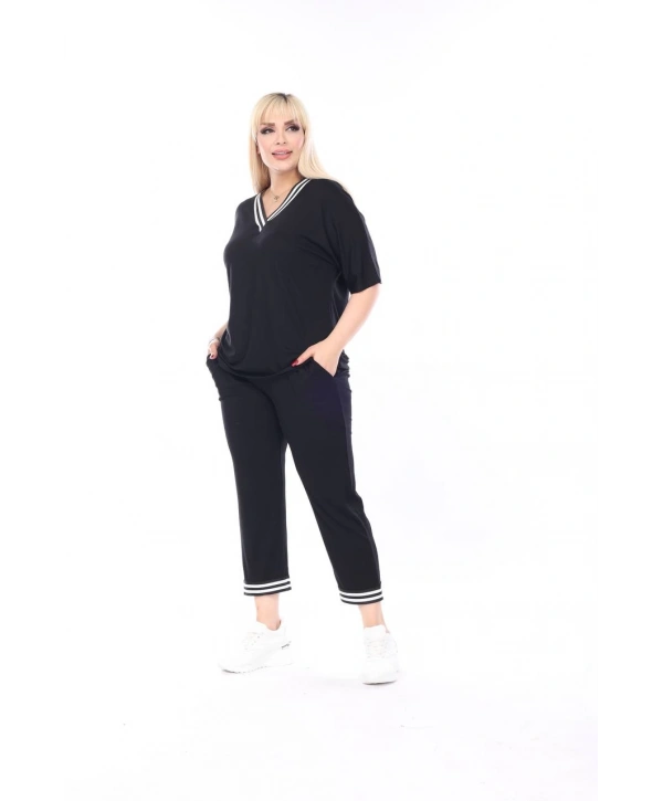 Kadın Büyük Beden Şerit Detaylı V Yaka Takım