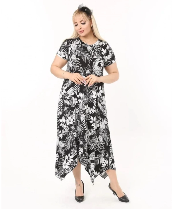 Kadın Büyük Beden Siyah Desenli Kısa Kollu Elbise