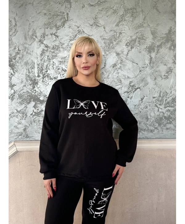 Kadın Büyük Beden Uzun Kollu Baskılı Cepli Üçiplik Eşofman Takım