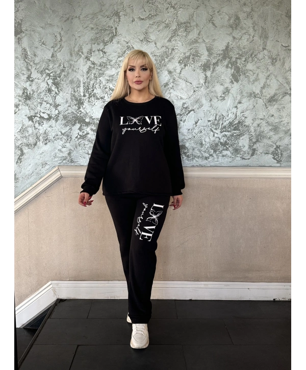 Kadın Büyük Beden Uzun Kollu Baskılı Cepli Üçiplik Eşofman Takım