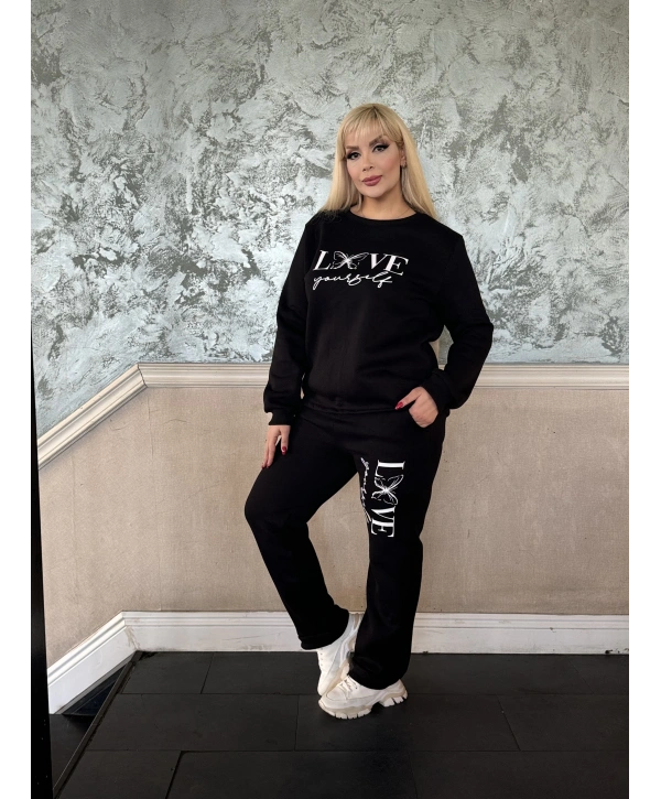 Kadın Büyük Beden Uzun Kollu Baskılı Cepli Üçiplik Eşofman Takım