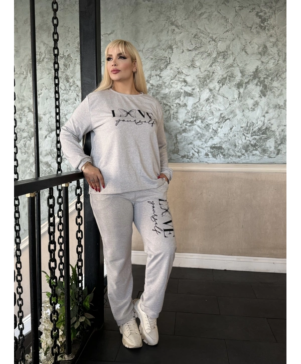 Kadın Büyük Beden Uzun Kollu Baskılı Cepli İkiiplik Eşofman Takım