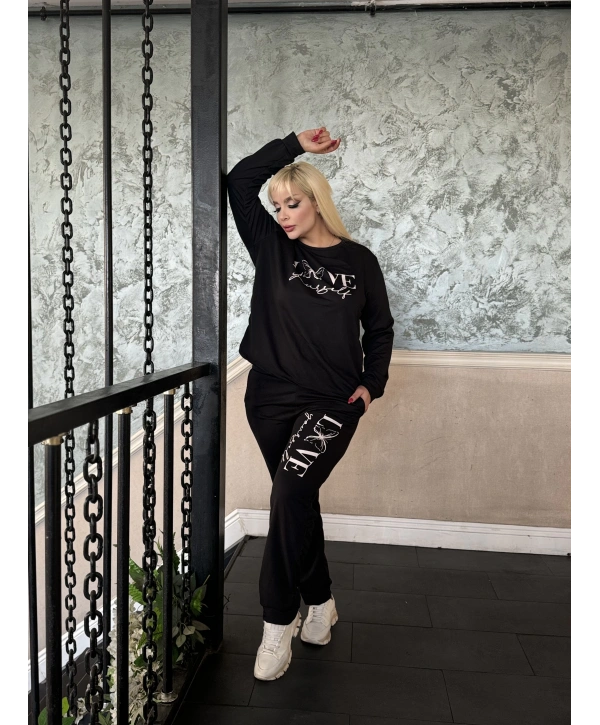 Kadın Büyük Beden Uzun Kollu Baskılı Cepli İkiiplik Eşofman Takım