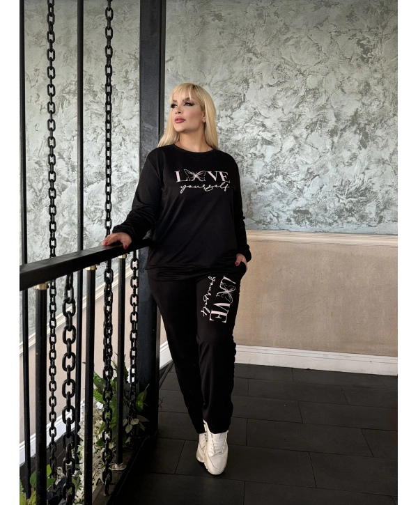 Kadın Büyük Beden Uzun Kollu Baskılı Cepli İkiiplik Eşofman Takım