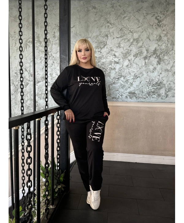 Kadın Büyük Beden Uzun Kollu Baskılı Cepli İkiiplik Eşofman Takım