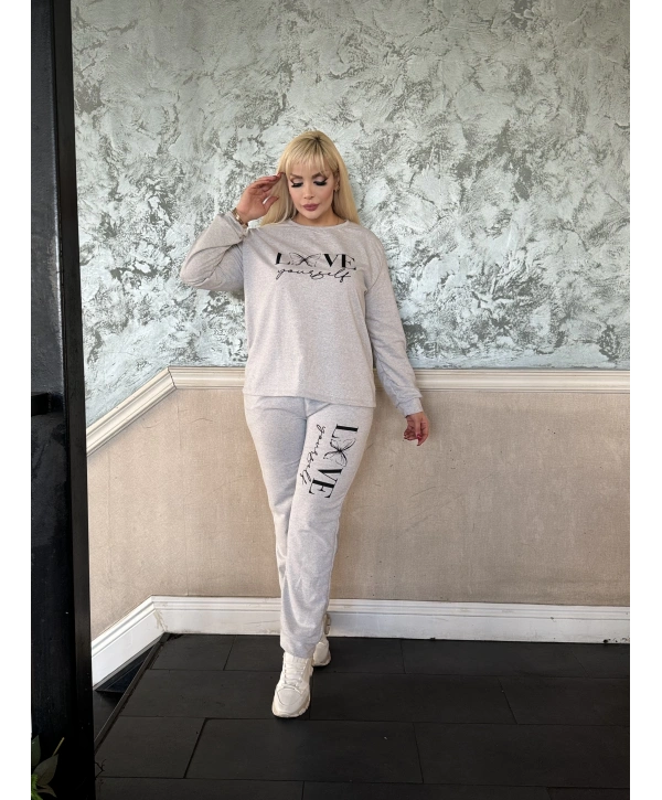 Kadın Büyük Beden Uzun Kollu Baskılı Cepli İkiiplik Eşofman Takım