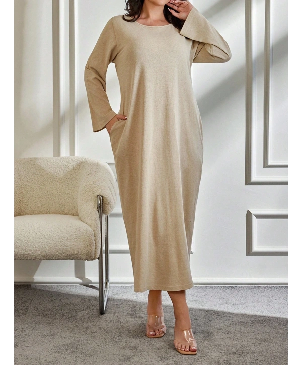 Kadın Büyük Beden Uzun Kollu Cep Detaylı Bisiklet Yaka Elbise