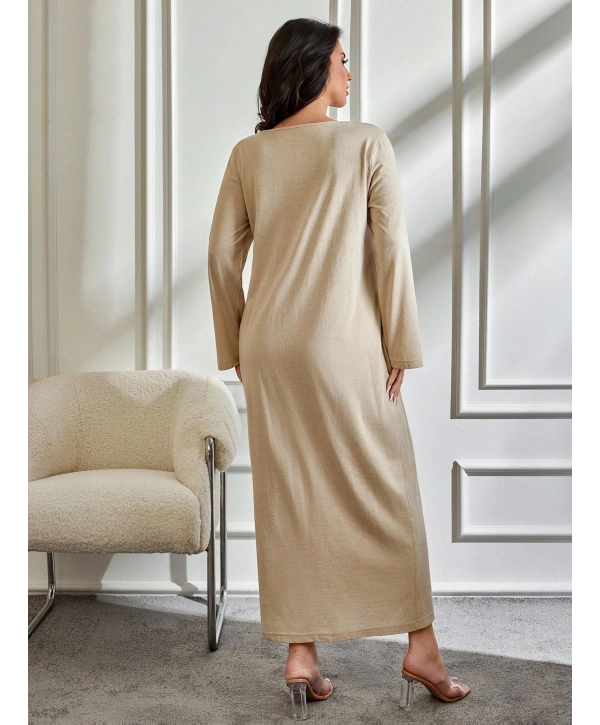 Kadın Büyük Beden Uzun Kollu Cep Detaylı Bisiklet Yaka Elbise