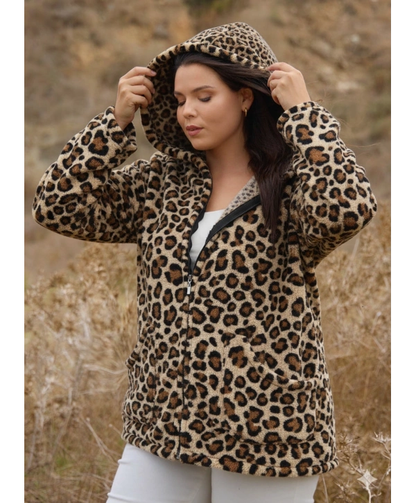 Kadın Büyük Beden Uzun Kollu Cepli Kapüşonlu Fermuarlı Peluş Hırka Ceket