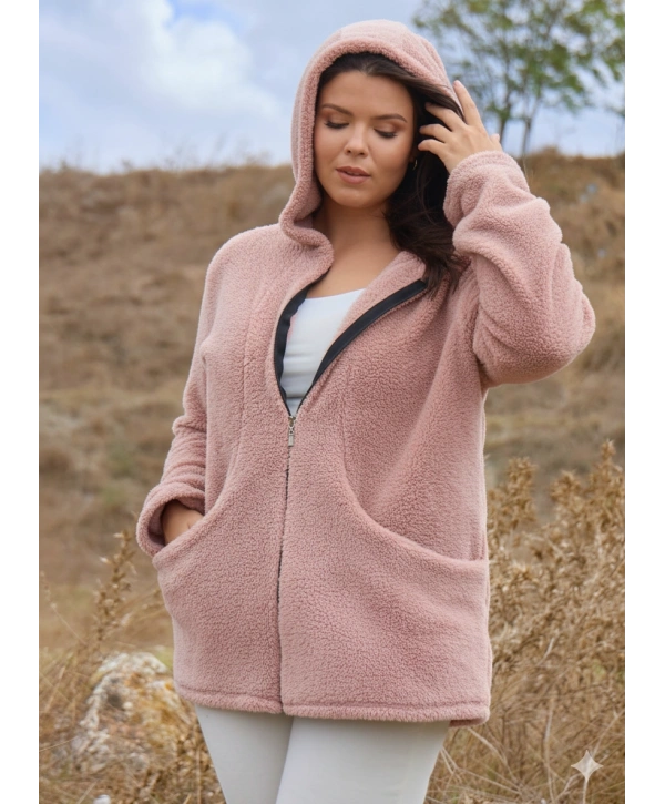 Kadın Büyük Beden Uzun Kollu Cepli Kapüşonlu Fermuarlı Peluş Hırka Ceket
