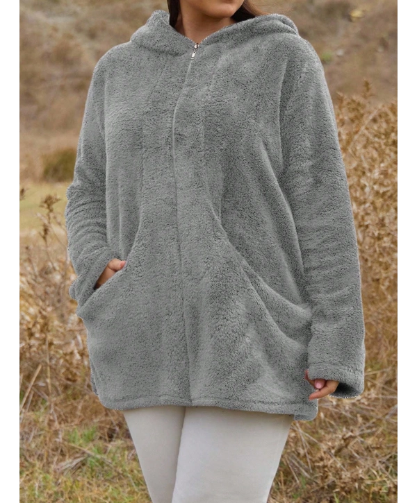 Kadın Büyük Beden Uzun Kollu Cepli Kapüşonlu Fermuarlı Peluş Hırka Ceket