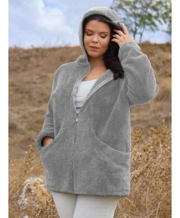 Kadın Büyük Beden Uzun Kollu Cepli Kapüşonlu Fermuarlı Peluş Hırka Ceket