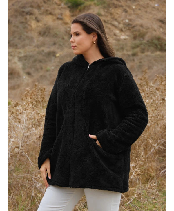 Kadın Büyük Beden Uzun Kollu Cepli Kapüşonlu Fermuarlı Peluş Hırka Ceket