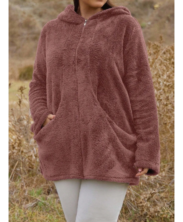 Kadın Büyük Beden Uzun Kollu Cepli Kapüşonlu Fermuarlı Peluş Hırka Ceket