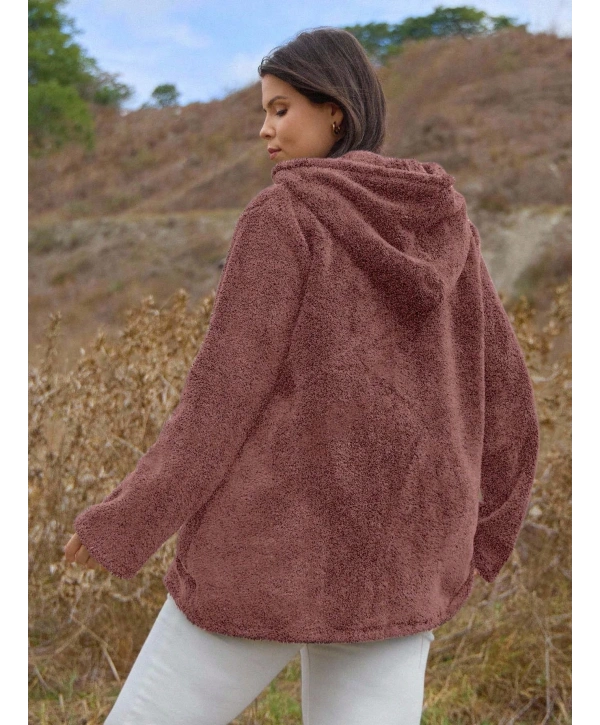 Kadın Büyük Beden Uzun Kollu Cepli Kapüşonlu Fermuarlı Peluş Hırka Ceket