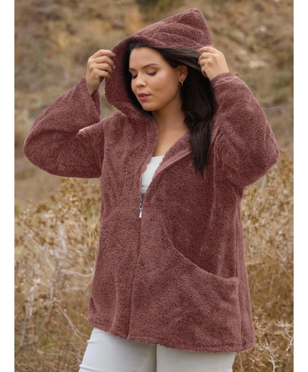 Kadın Büyük Beden Uzun Kollu Cepli Kapüşonlu Fermuarlı Peluş Hırka Ceket
