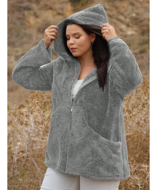 Kadın Büyük Beden Uzun Kollu Cepli Kapüşonlu Fermuarlı Peluş Hırka Ceket