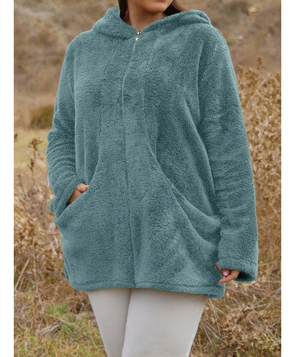 Kadın Büyük Beden Uzun Kollu Cepli Kapüşonlu Fermuarlı Peluş Hırka Ceket