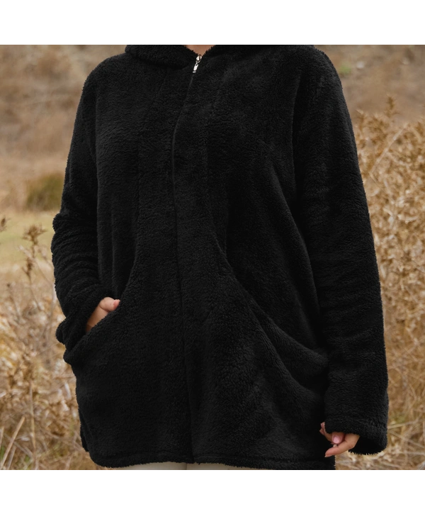 Kadın Büyük Beden Uzun Kollu Cepli Kapüşonlu Fermuarlı Peluş Hırka Ceket