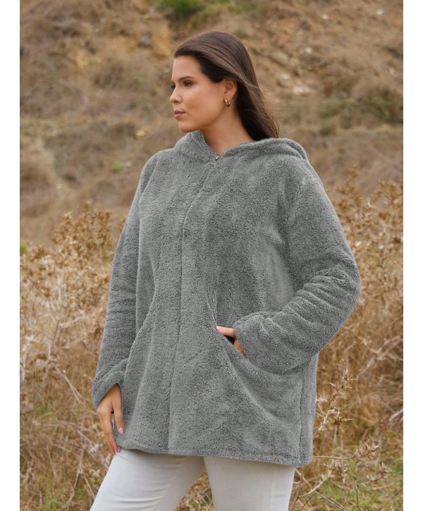 Kadın Büyük Beden Uzun Kollu Cepli Kapüşonlu Fermuarlı Peluş Hırka Ceket