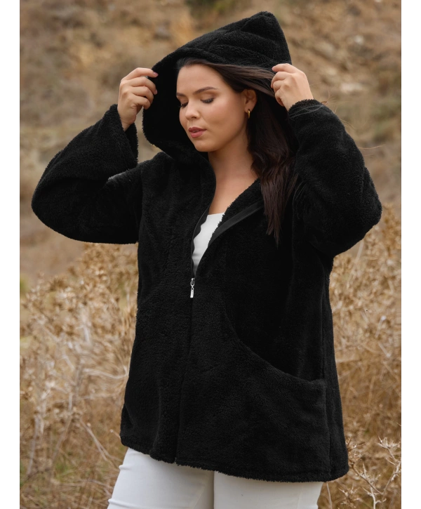 Kadın Büyük Beden Uzun Kollu Cepli Kapüşonlu Fermuarlı Peluş Hırka Ceket