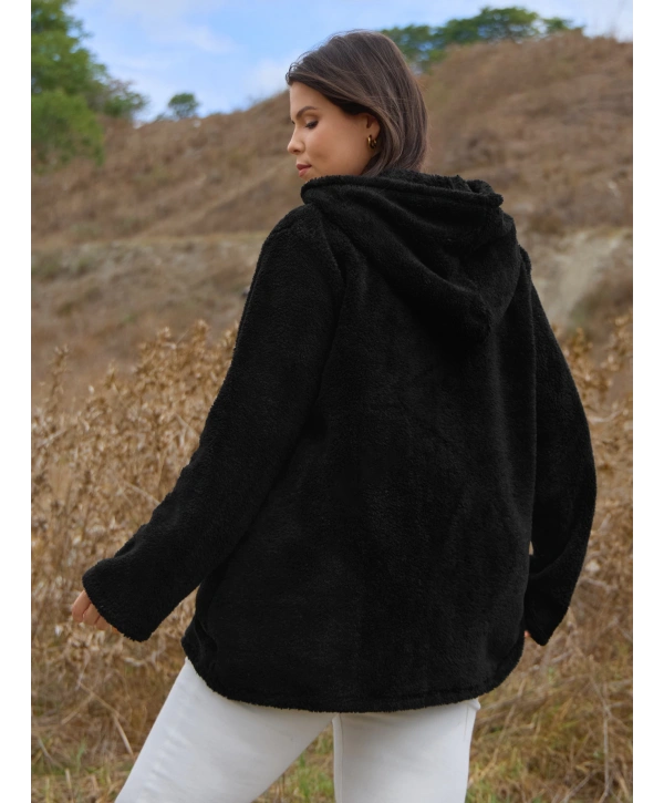 Kadın Büyük Beden Uzun Kollu Cepli Kapüşonlu Fermuarlı Peluş Hırka Ceket