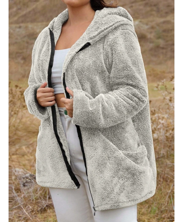 Kadın Büyük Beden Uzun Kollu Cepli Kapüşonlu Fermuarlı Peluş Hırka Ceket