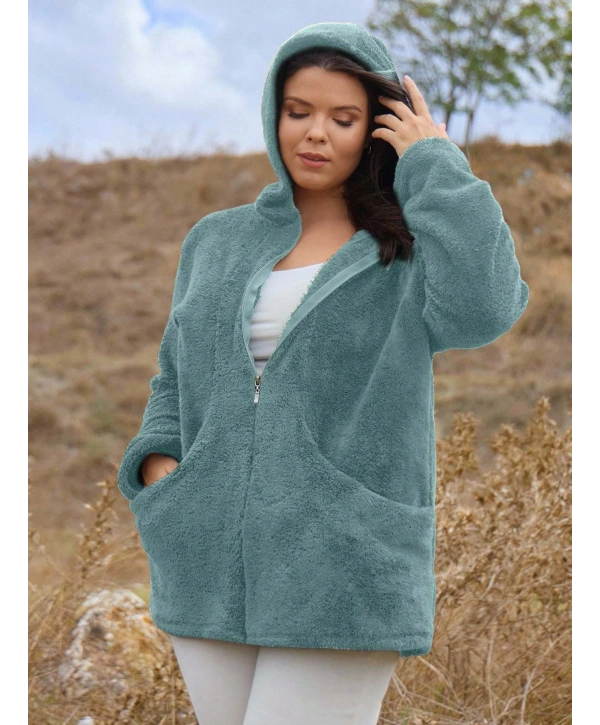 Kadın Büyük Beden Uzun Kollu Cepli Kapüşonlu Fermuarlı Peluş Hırka Ceket