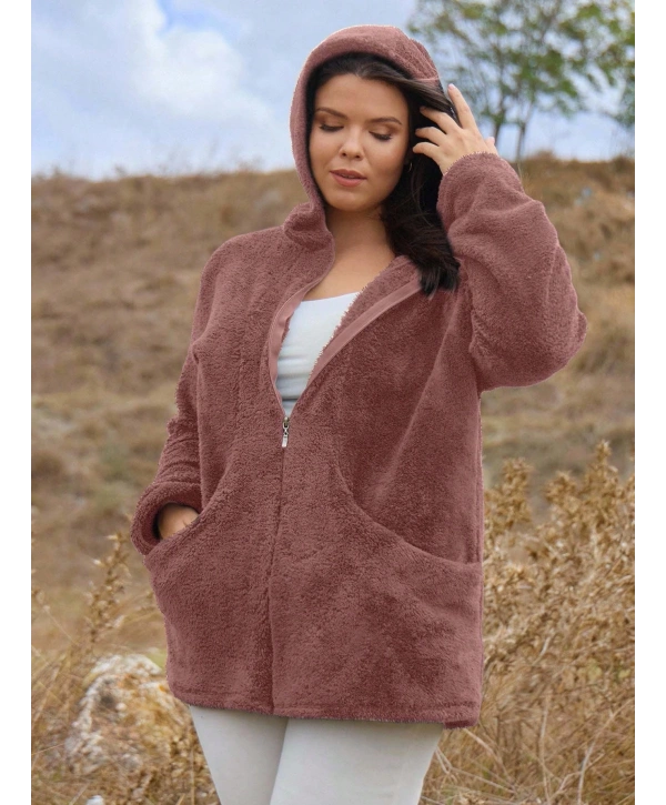 Kadın Büyük Beden Uzun Kollu Cepli Kapüşonlu Fermuarlı Peluş Hırka Ceket