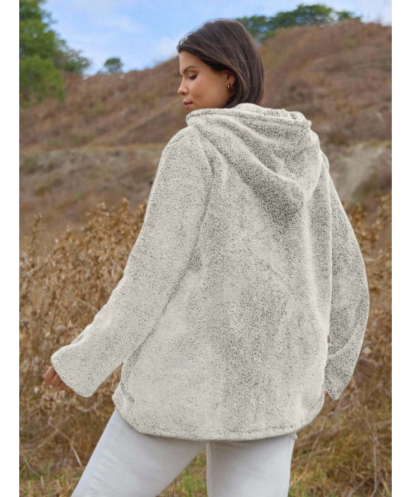 Kadın Büyük Beden Uzun Kollu Cepli Kapüşonlu Fermuarlı Peluş Hırka Ceket