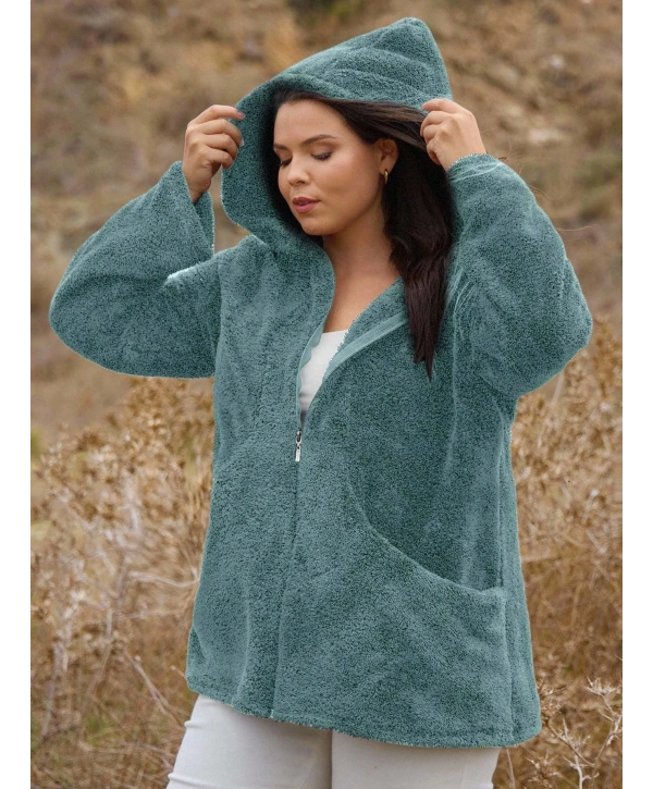Kadın Büyük Beden Uzun Kollu Cepli Kapüşonlu Fermuarlı Peluş Hırka Ceket