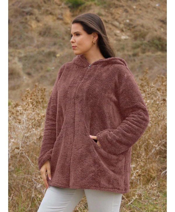 Kadın Büyük Beden Uzun Kollu Cepli Kapüşonlu Fermuarlı Peluş Hırka Ceket