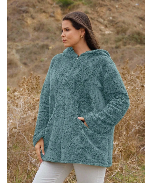 Kadın Büyük Beden Uzun Kollu Cepli Kapüşonlu Fermuarlı Peluş Hırka Ceket