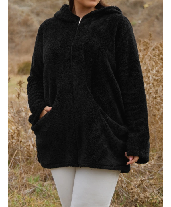 Kadın Büyük Beden Uzun Kollu Cepli Kapüşonlu Fermuarlı Peluş Hırka Ceket