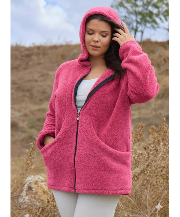 Kadın Büyük Beden Uzun Kollu Cepli Kapüşonlu Fermuarlı Peluş Hırka Ceket